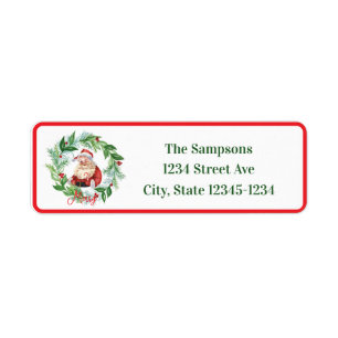 Handpainted Wreath Santa Red Border MERRY Address Return Address Label