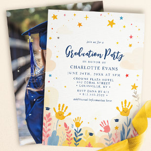 Handprint Flowers Kindergarten Grad Photo Invitation
