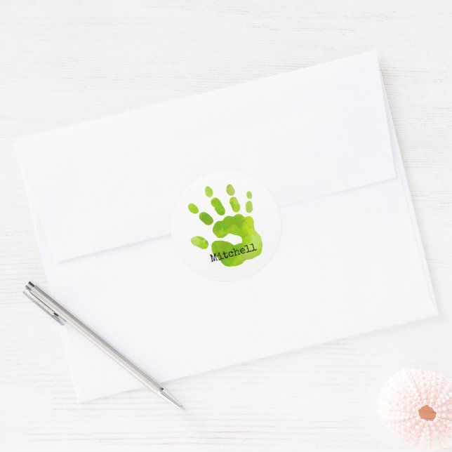 Handprint Kids Green Hand Name Timeless Sweet  Classic Round Sticker (Envelope)