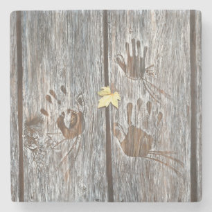 Handprints Birds on Wooden Boards with Autumn Leaf Stone Coaster