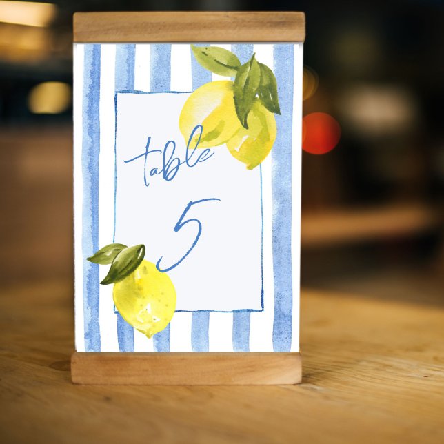 Handrawn blue stripes lemons bridal shower table number (Handrawn blue stripes and lemons Italian themed bridal shower wedding personalized table number card)