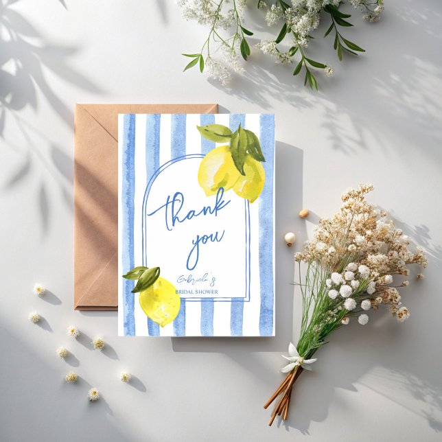 Handrawn blue stripes lemons bridal shower thank you card (Handrawn blue stripes lemons la dolce vita Italian bridal shower thank you cards)