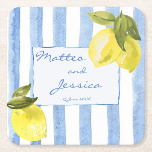 Handrawn blue stripes lemons Italian wedding favou Square Paper Coaster