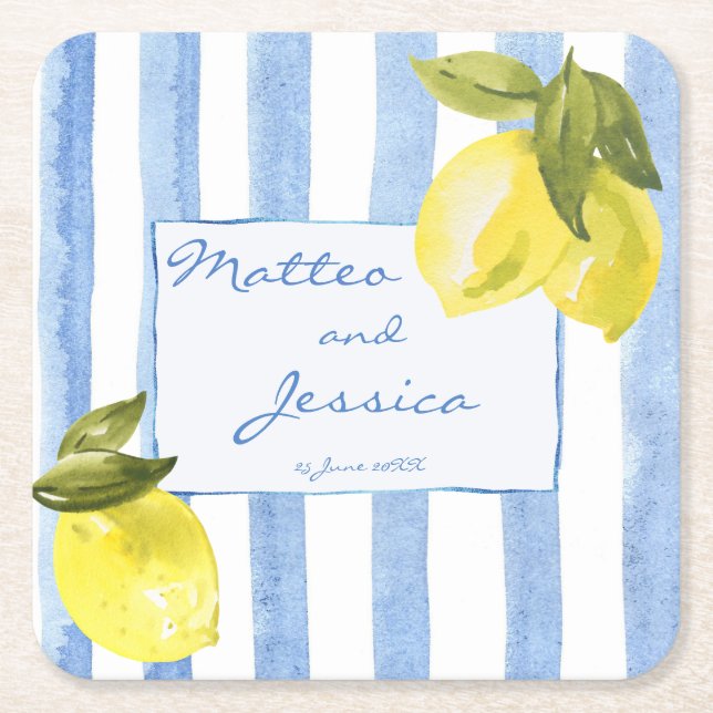 Handrawn blue stripes lemons Italian wedding favou Square Paper Coaster (Front)