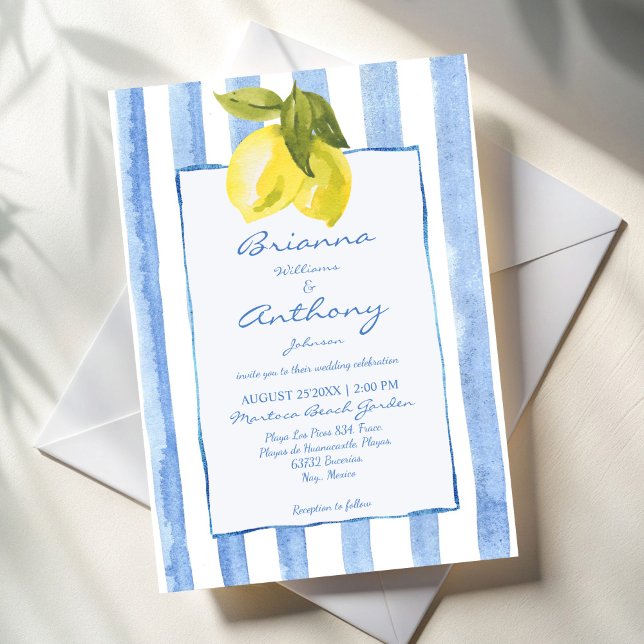 Handrawn blue stripes lemons Italian wedding Invitation (Handrawn blue stripes lemons Italian style wedding Invitation cards template instant download)