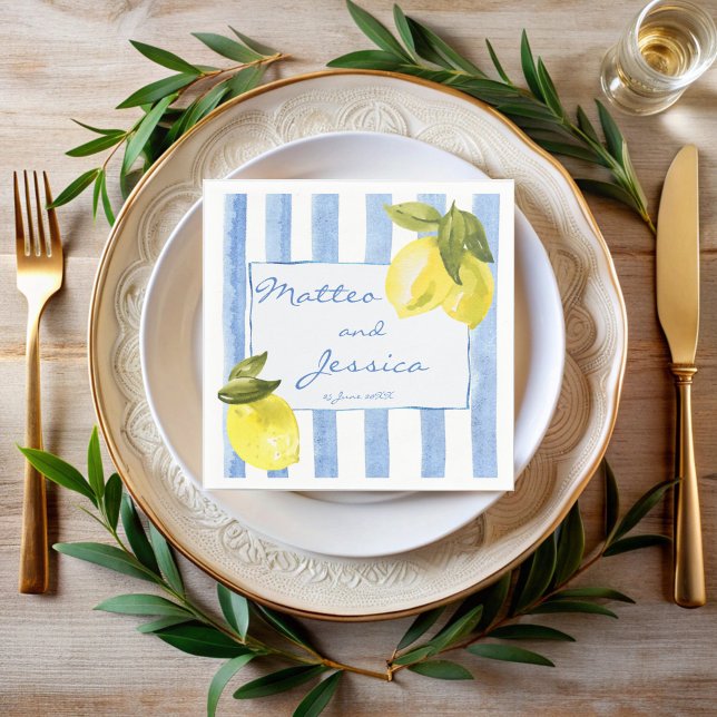 Handrawn blue stripes lemons Italian wedding Napkin (Handrawn blue stripes lemons Italian wedding monogrammed Napkins personalized decor printed napkins)