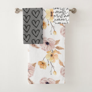 Handrawn Hearts, Saying and Quotes, Roses Pattern Bath Towel Set