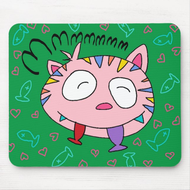 Handrawn Kitty Love Fish Mousepad (Front)
