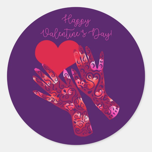 Hands and Heart Happy Valentine's Day Classic Round Sticker (Front)