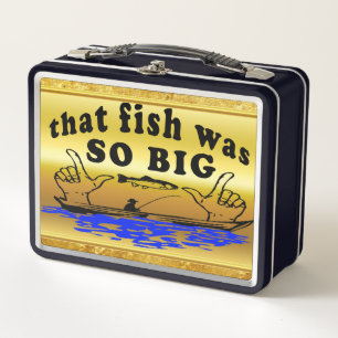 Hands apart showing a fish and a boat with water metal lunch box