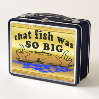 Hands apart showing a fish and a boat with water metal lunch box