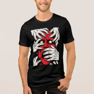 Hands Covering Face Horror Red Demon Art Tri-Blend Shirt