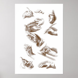 Hands, gestures, drawing, 17th century, vintage poster