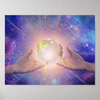 Hands holding a Glowing Globe. Poster