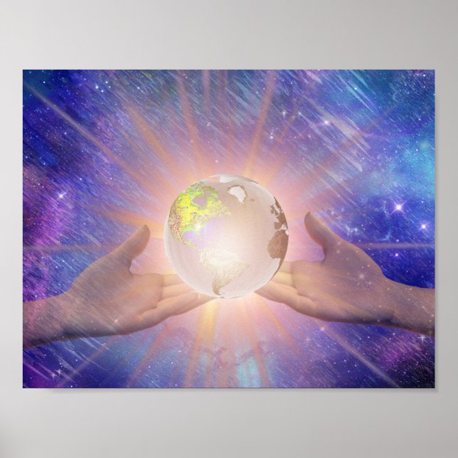 Hands holding a Glowing Globe. Poster (Front)