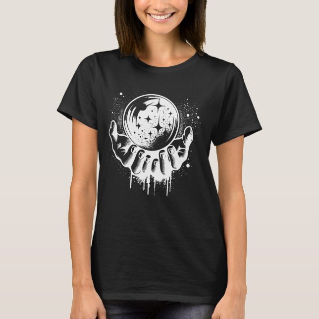 Hands Holding Crystal Ball With Splatter Effect Fo T-Shirt (Front)