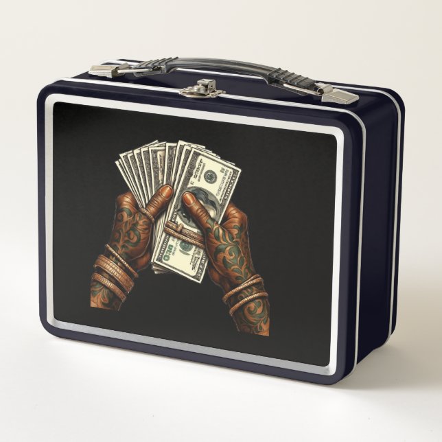 Hands Holding Dollar Bills Metal Lunch Box (Front)