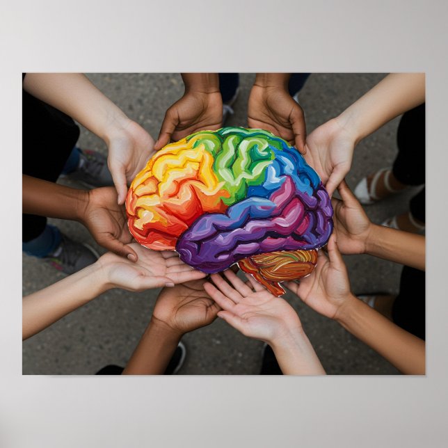 Hands Holding Rainbow Brain Autism Neurodiversity  Poster (Front)