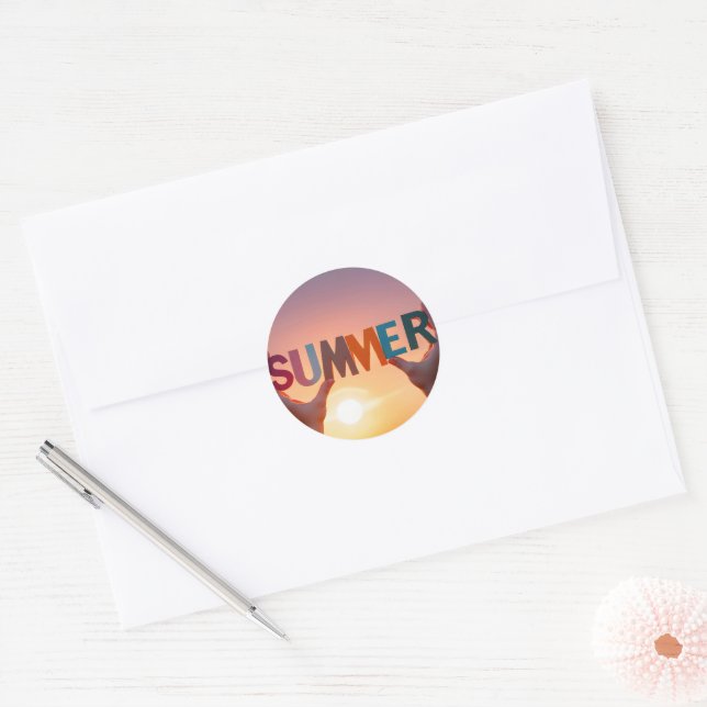 Hands Holding Summer Text  Classic Round Sticker (Envelope)