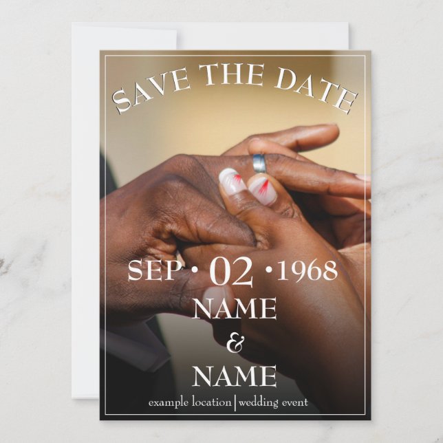 Hands of a coloured wedding couple pin on ring (Front)