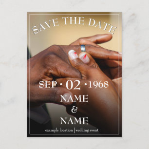 Hands of a coloured wedding couple pin on ring hol holiday postcard