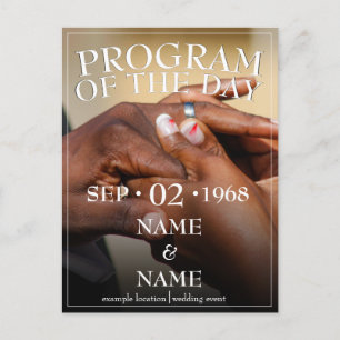 Hands of a coloured wedding couple pin on ring invitation postcard