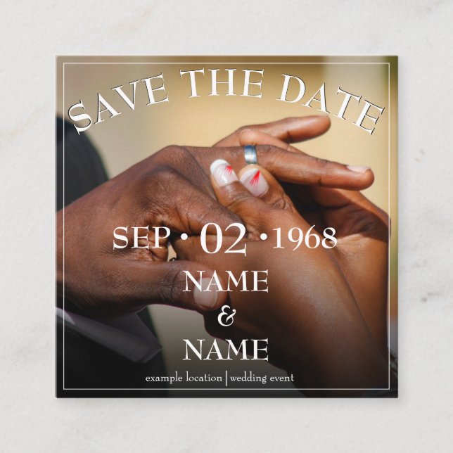 Hands of a wedding couple with ring enclosure card (Front)