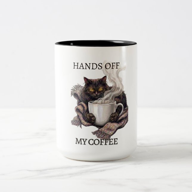 Hands Off My Coffee Funny Tired Cat Mug (Center)