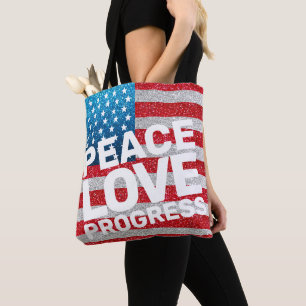 Hands Off Peace Love Progress America Flag Glitter Tote Bag