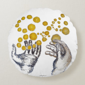 Hands Outstretched with Golden Globes Round Cushion