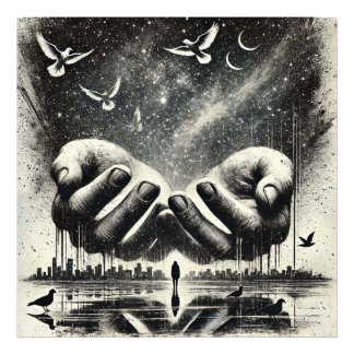 Hands Releasing Birds into the Sky, Black White Photo Print
