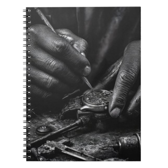 Hands Repairing Vintage Watch Notebook (Front)
