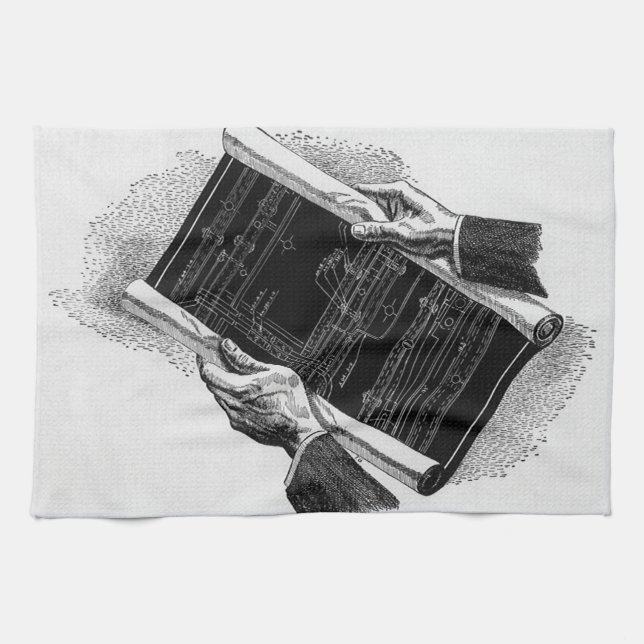 Hands w Architectural Blueprints, Vintage Business Tea Towel (Horizontal)