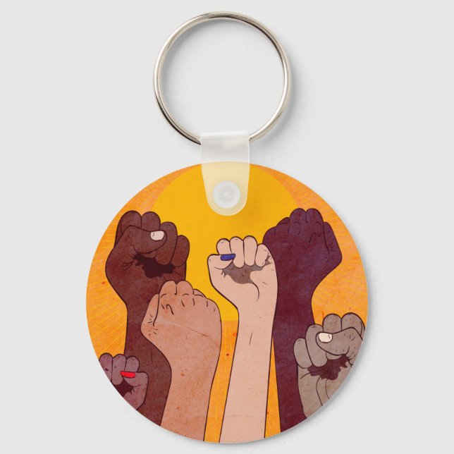 Hands with fist raised up over yellow sun  key ring (Front)