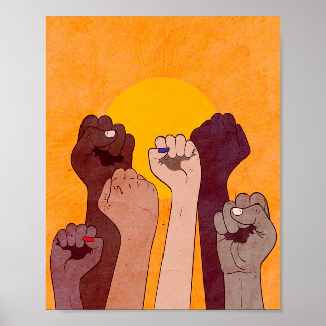 Hands with fist raised up over yellow sun  poster (Front)