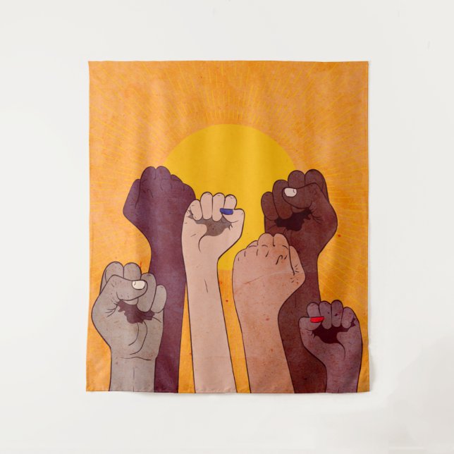 Hands with fist raised up over yellow sun tapestry (Front)