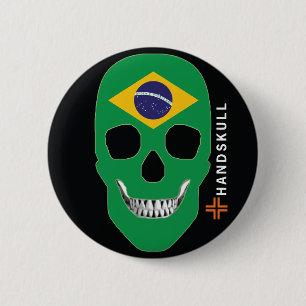 HANDSKULL Brazil,Happy skull,Brazil flag 6 Cm Round Badge
