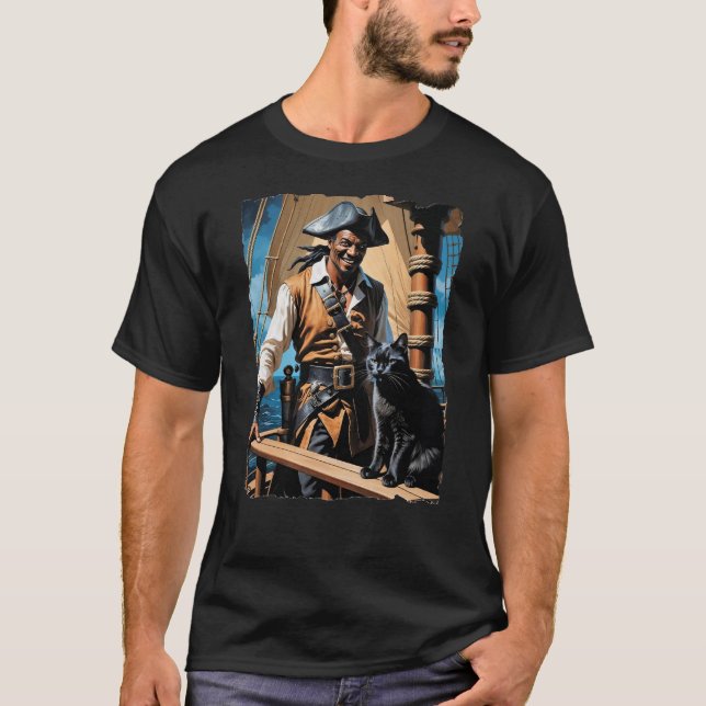 Handsome African American pirate with ship's cat T-Shirt (Front)