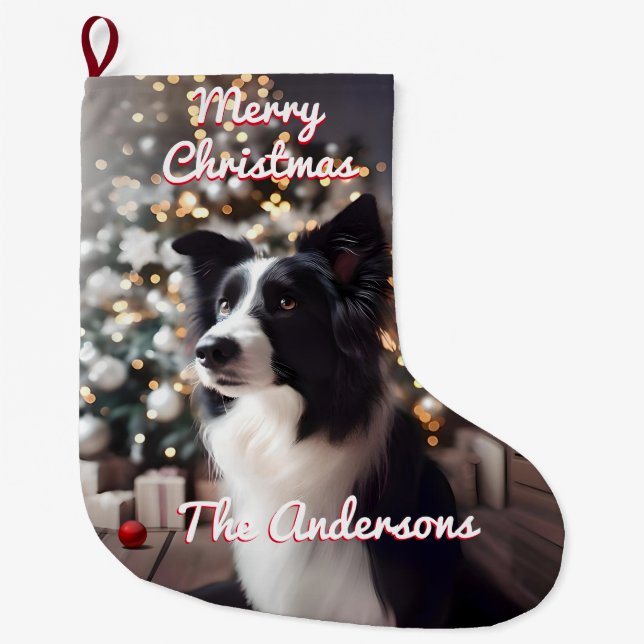 Handsome Border Collie and Christmas Tree  Red Large Christmas Stocking (Front)