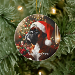 Handsome Boxer with Santa Hat Ceramic Ornament