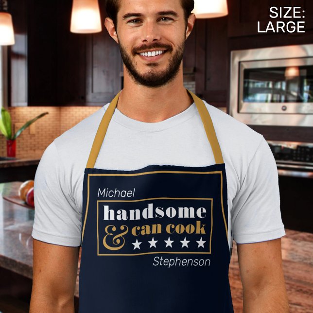 Handsome & Can Cook Mens Navy Blue Father's Day Apron (Man in kitchen wearing apron)