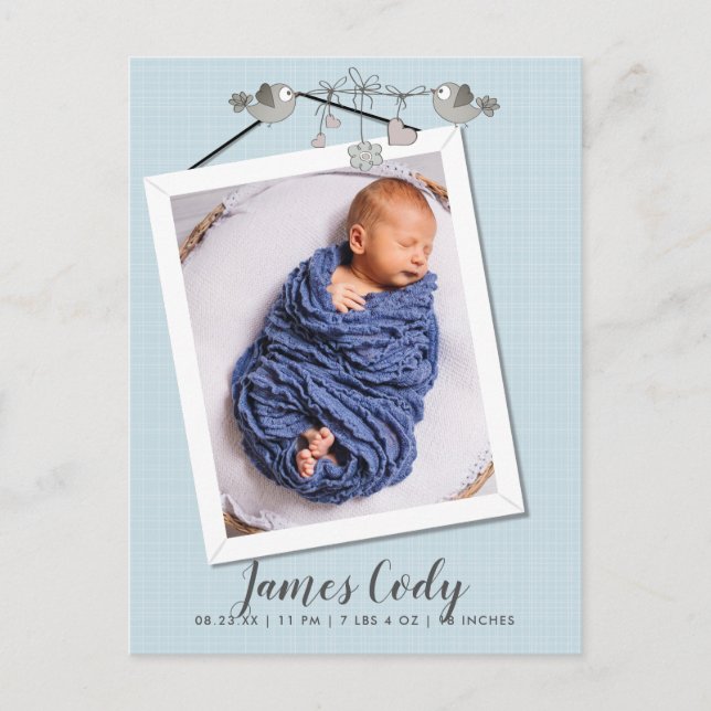 Handsome In Blue Frame Photo Birth Announcement Postcard (Front)