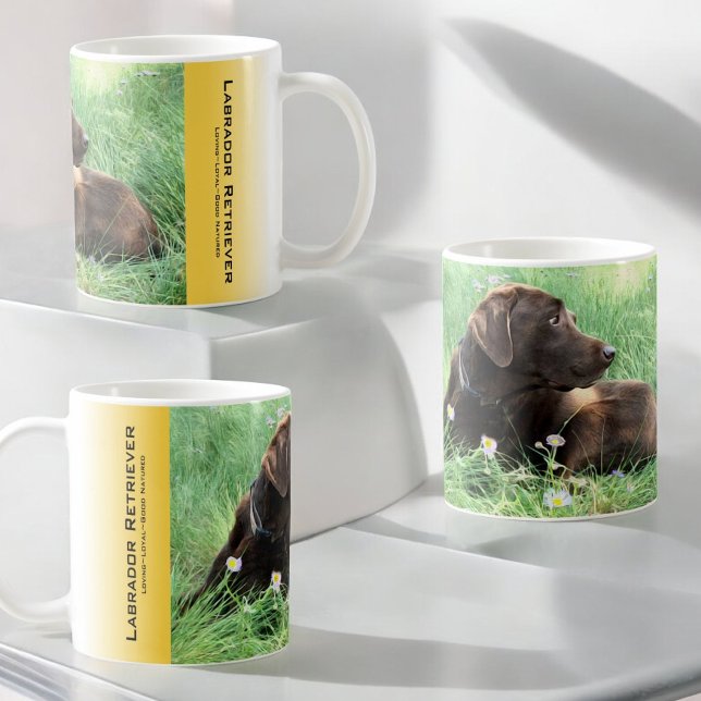 Handsome Labrador Retriever Portrait in Flowers Coffee Mug (Three views of the design on this ceramic mug.)