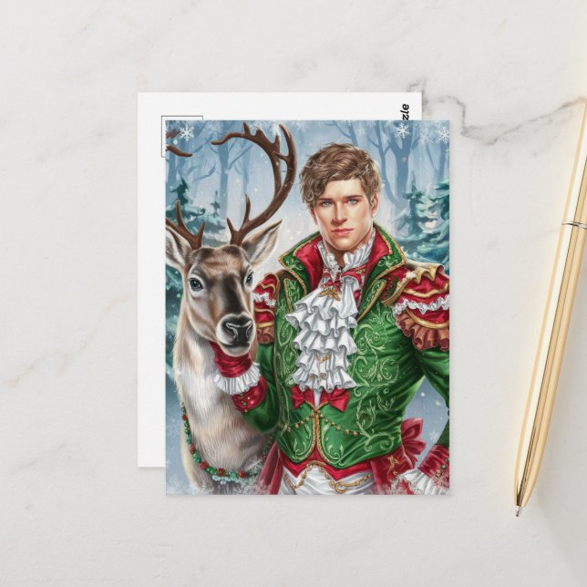 Handsome man and a Reindeer Postcard (Front/Back In Situ)