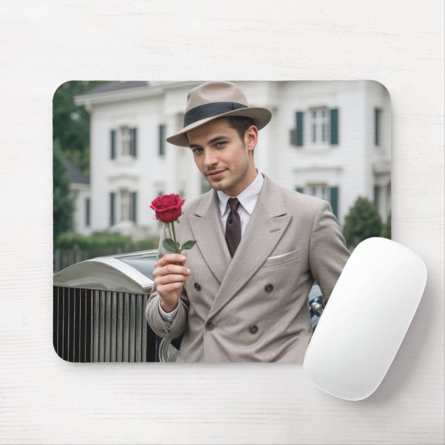 Handsome Man Holding a Red Rose Mouse Pad (With Mouse)