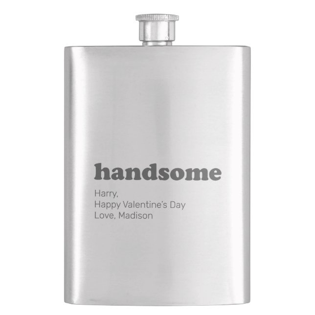 Handsome modern typography with custom message hip flask (Front)
