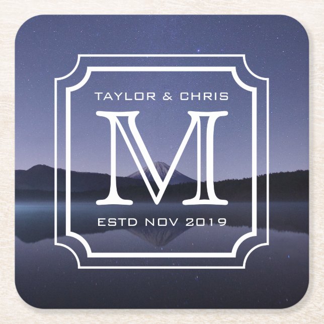 Handsome Monogram Beautiful Landscape Photo Simple Square Paper Coaster (Front)