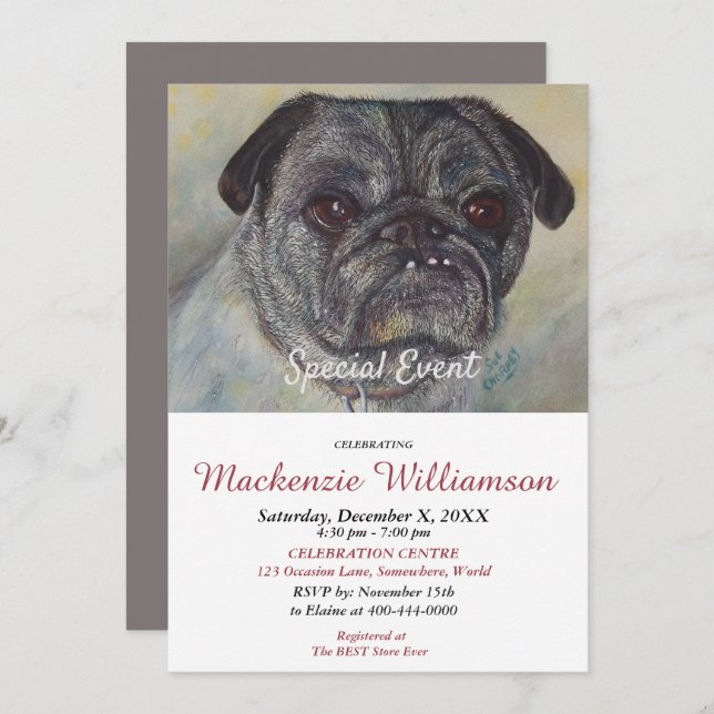 HANDSOME PUG WISHES HAPPY BIRTHDAY INVITATION (Front/Back)