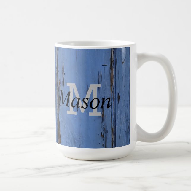 Handsome Rustic Blue Personalised Monogram Coffee Mug (Right)