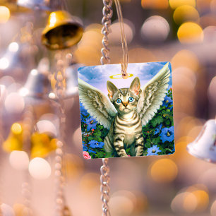 Handsome Tabby Kitten Angel Wings Halo Metal Tree Decoration